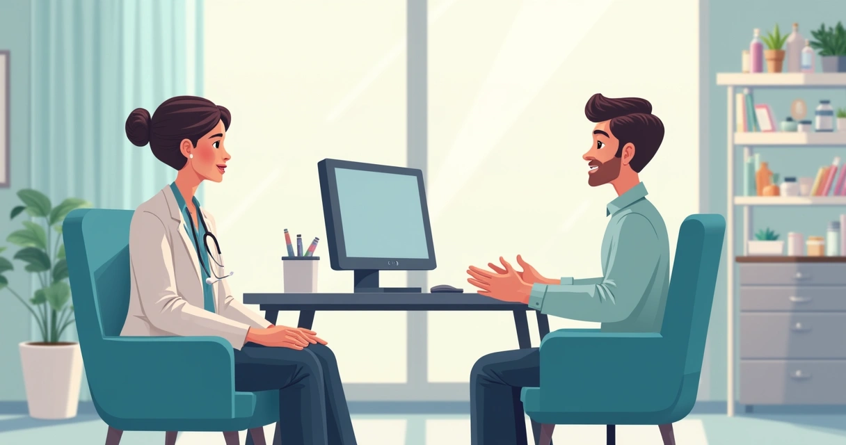Paciente conversando com médico em consultório moderno 