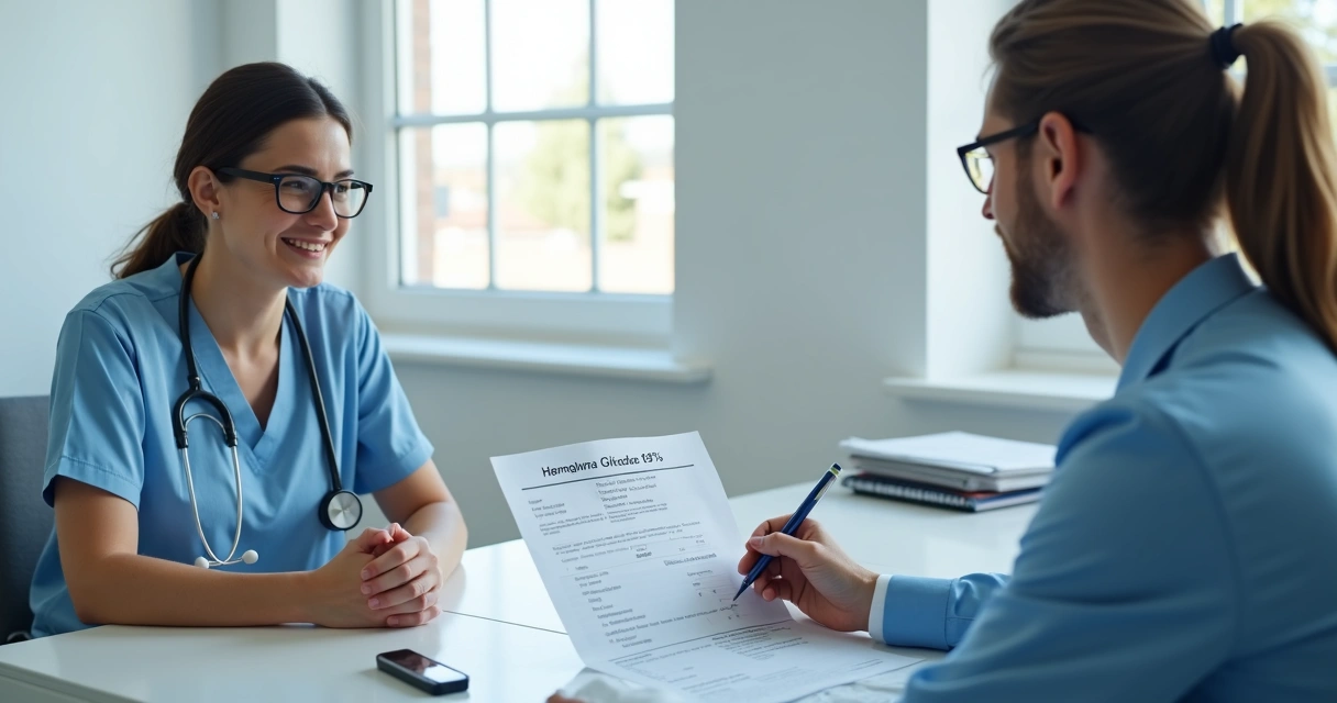 Pessoa sentada conversando com profissional de saúde, mostrando exame de hemoglobina glicada na mesa