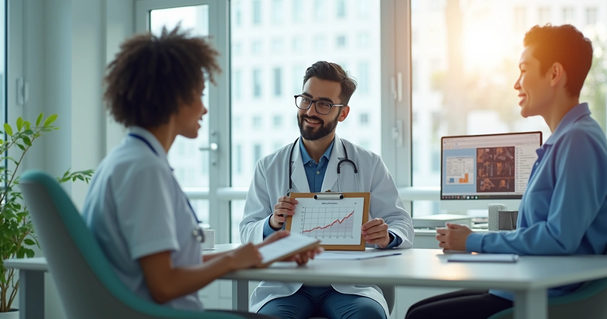 Paciente em consulta médica para controle diabético em sala de hospital moderna 