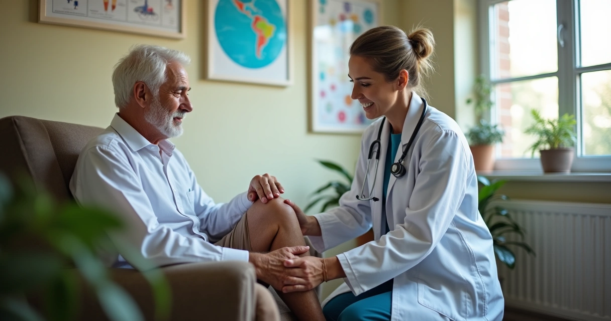 Profissional examinando joelho de paciente idoso 