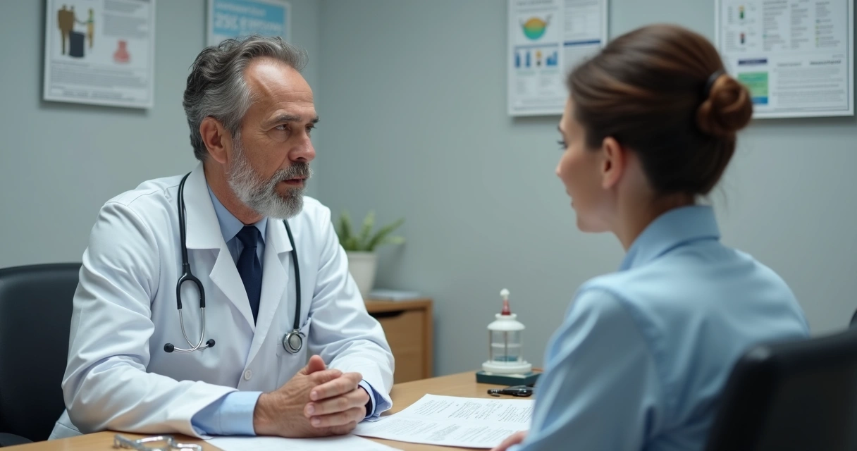Médico e paciente sentados em consultório médico, com folhas sobre a mesa e expressão de diálogo atento.