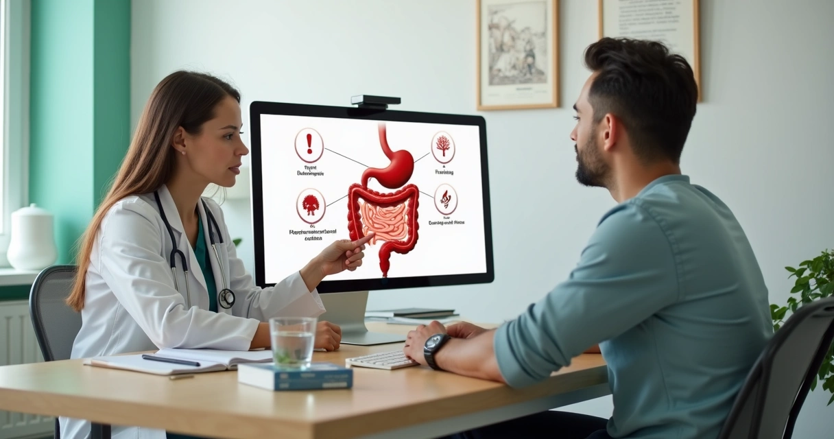 Médica explicando causas da diarreia para paciente em consultório 