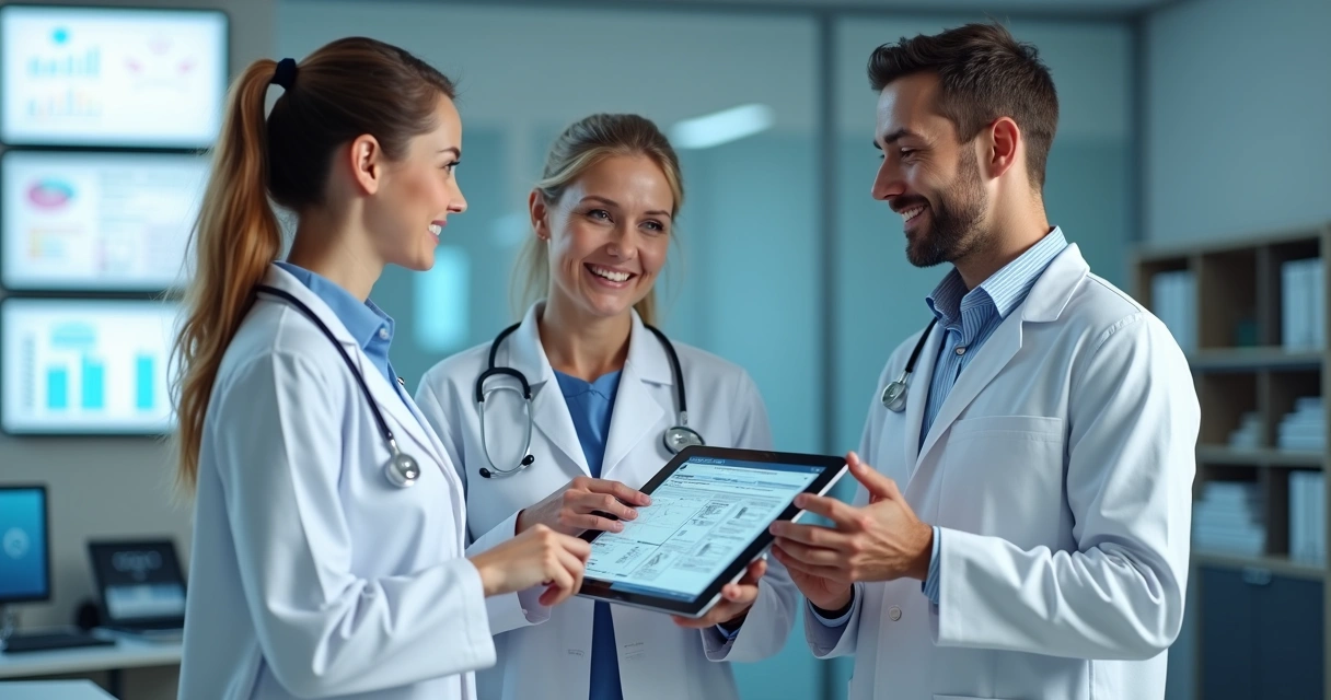 Médicos e paciente em consultório com tablet mostrando anamnese digital ao fundo 