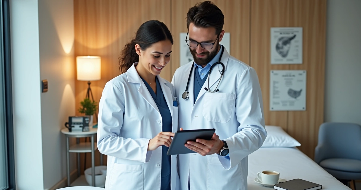 Médicos analisando prontuário digital na tela de um tablet 