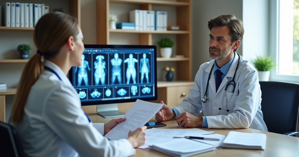 Médico e advogado analisando documentos digitais em mesa de reunião 