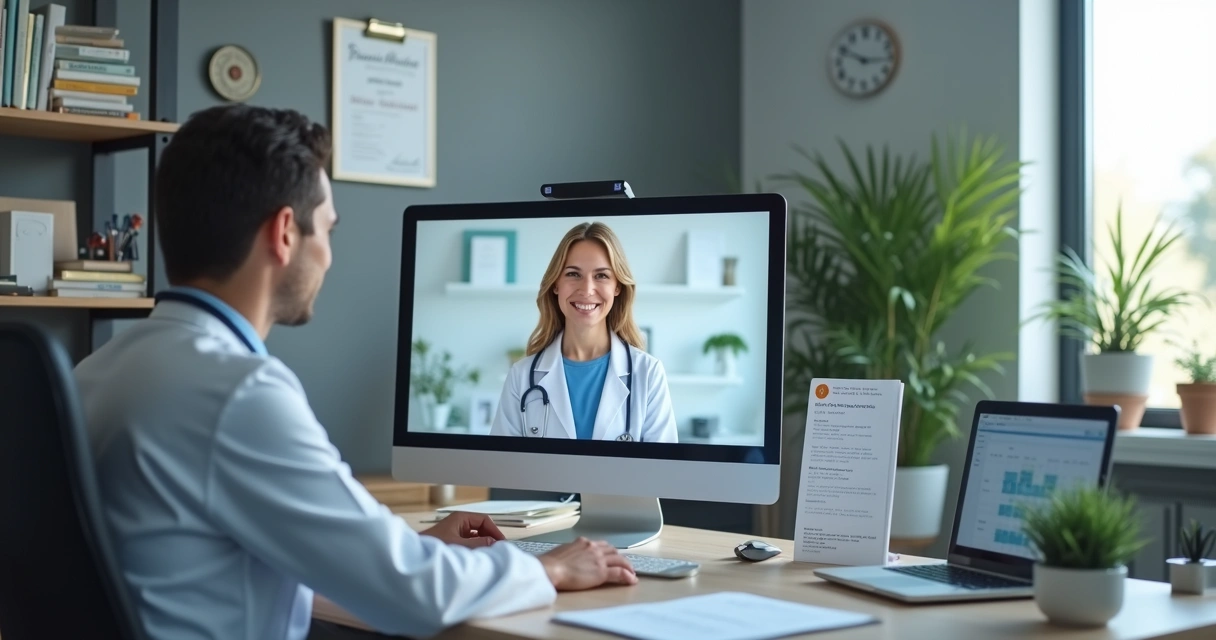 Consulta médica digital ética com médico e paciente conectados em videoconferência 