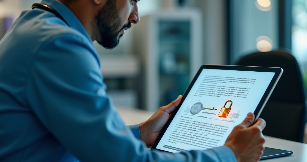 Médico analisando contrato digital em tela com símbolo de segurança de dados