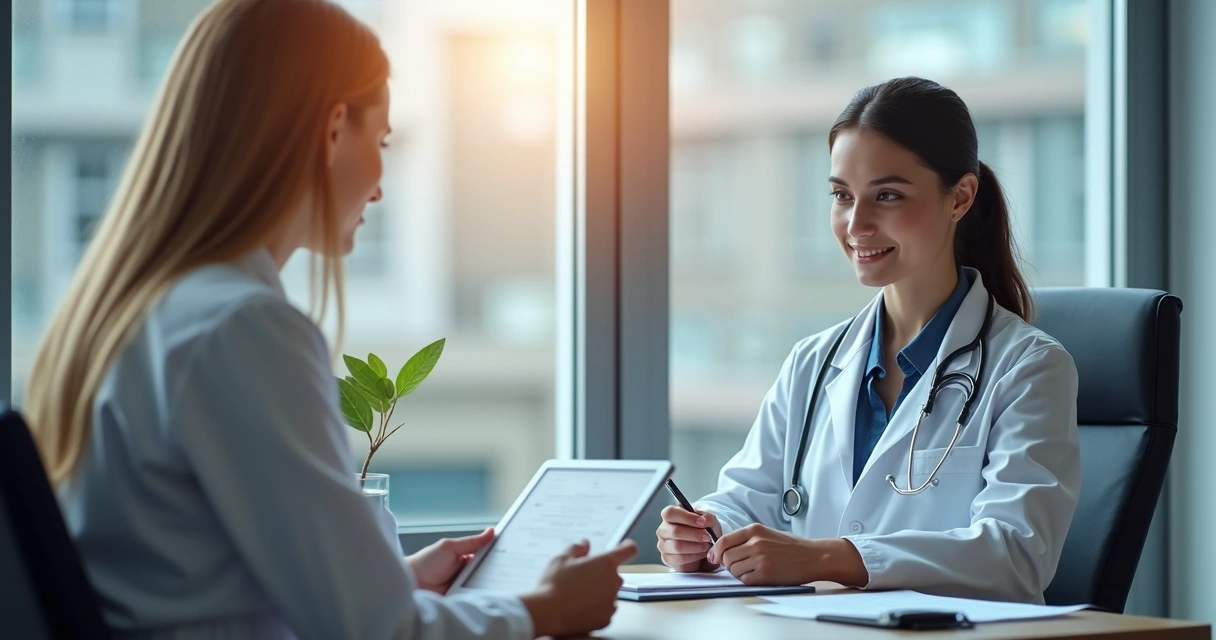 Médico preenche ficha clínica digital em tablet durante consulta 