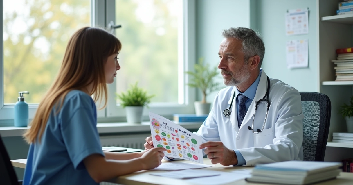 Médico conversa com paciente em consultório, discutindo hábitos saudáveis 