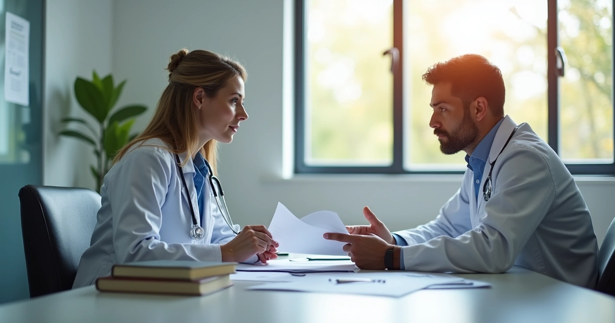 Médico em consultório conversando com paciente, ambos atentos, papéis sobre a mesa, ambiente limpo e profissional