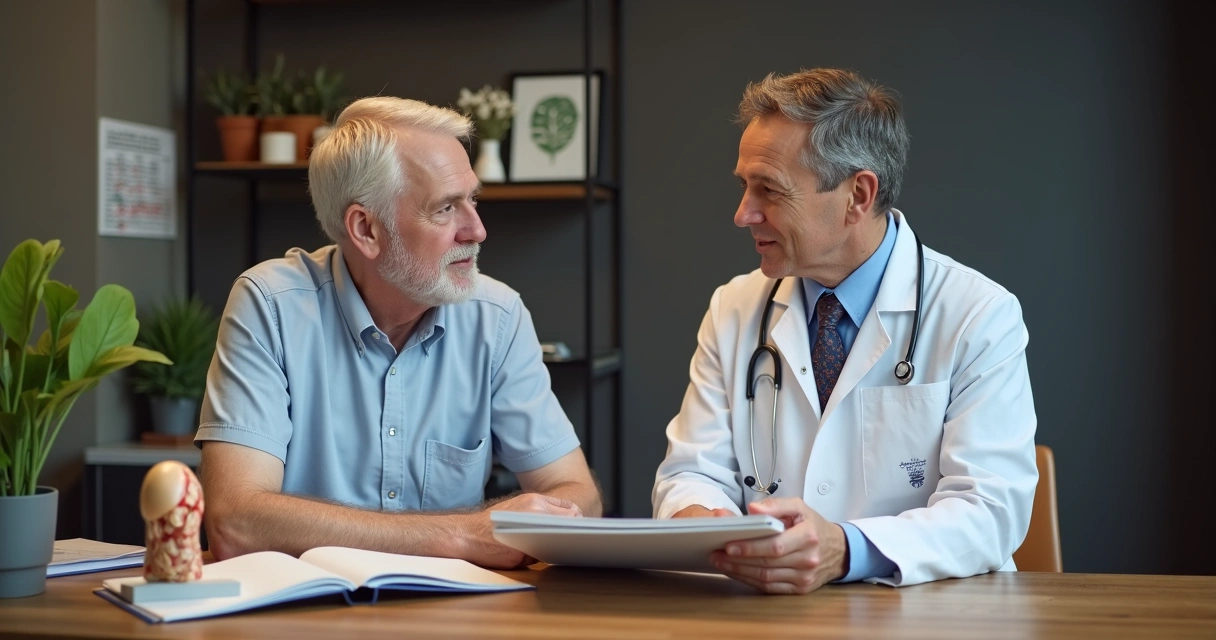Médico e paciente conversando em consultório sobre exame de saúde masculina 