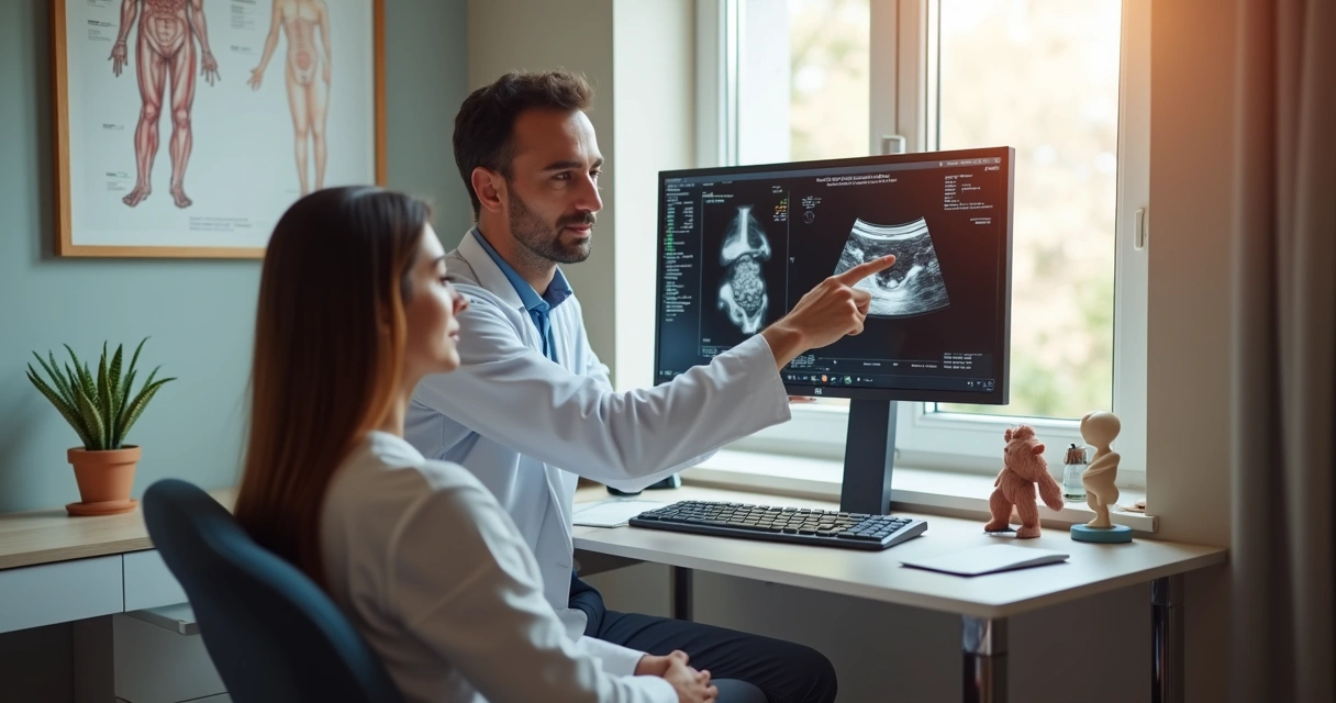 Médico explicando exame para paciente com dor pélvica em clínica moderna e acolhedora 