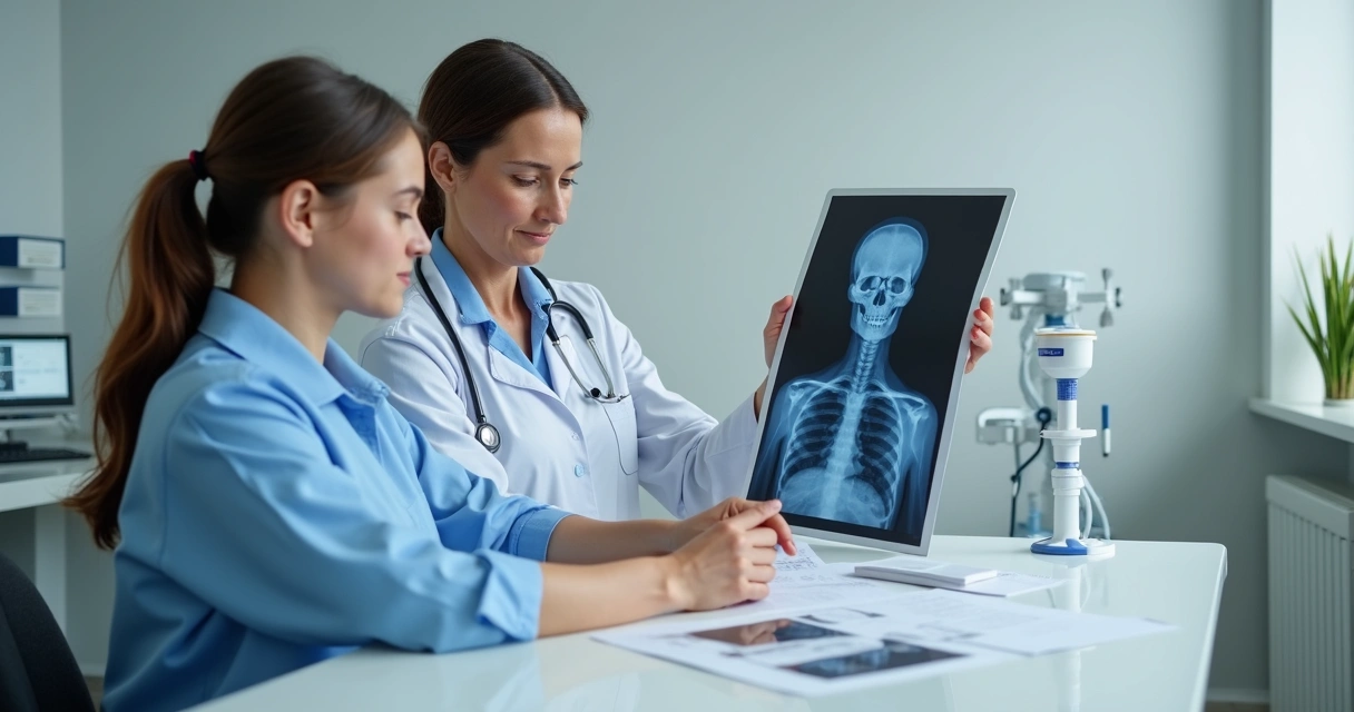 Consulta médica para avaliação de endometriose, paciente e médica analisando exames. 