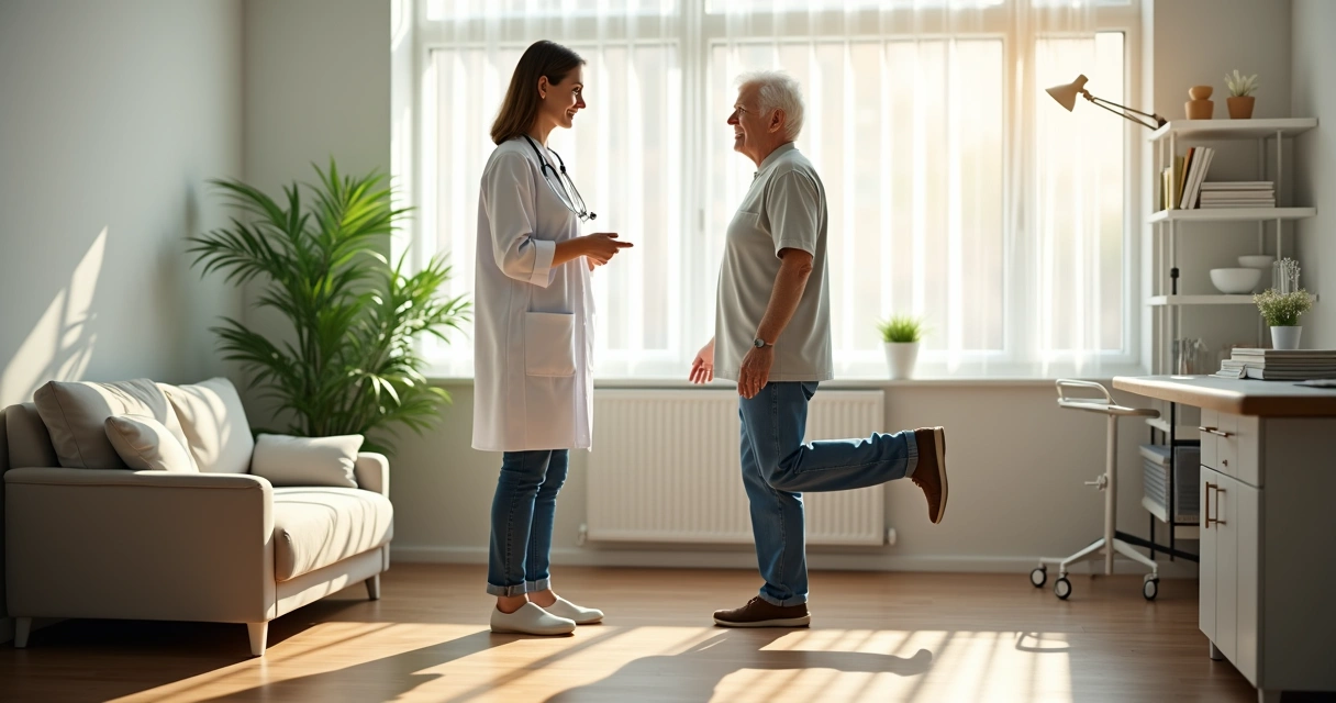 Médica avaliando equilíbrio de paciente idoso em consultório