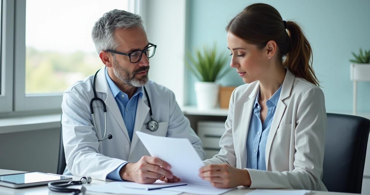 Consulta médica com médico explicando documentos ao paciente
