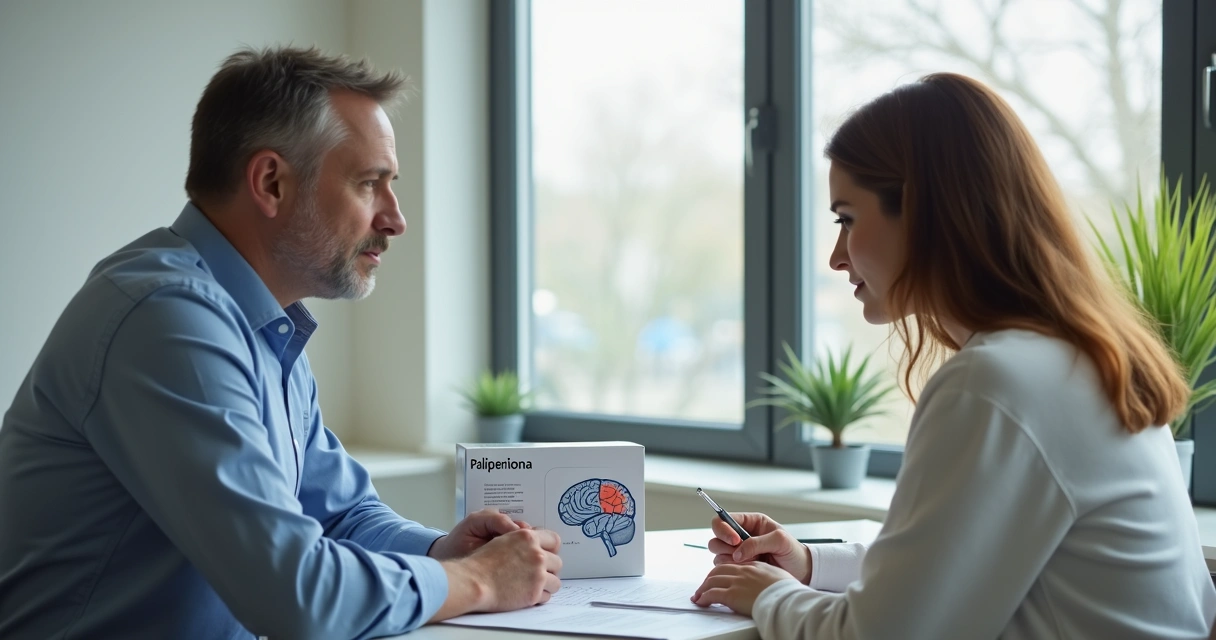 Médico e paciente sentados em consultório discutindo tratamento 