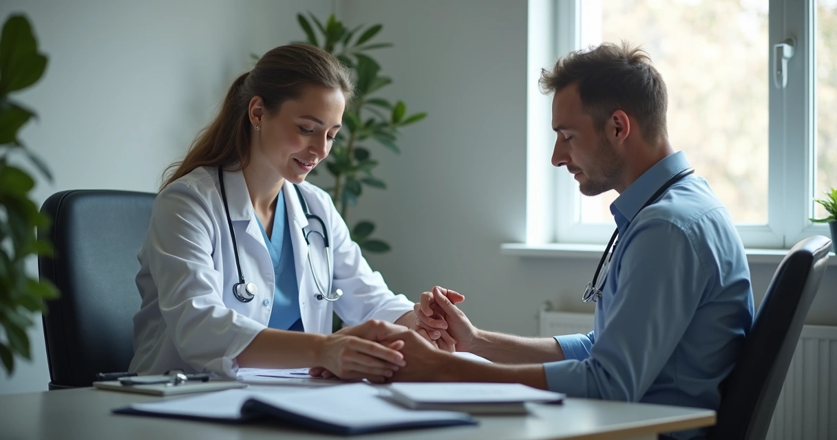 Consulta médica para exame articular com paciente sentado frente a frente ao ortopedista 