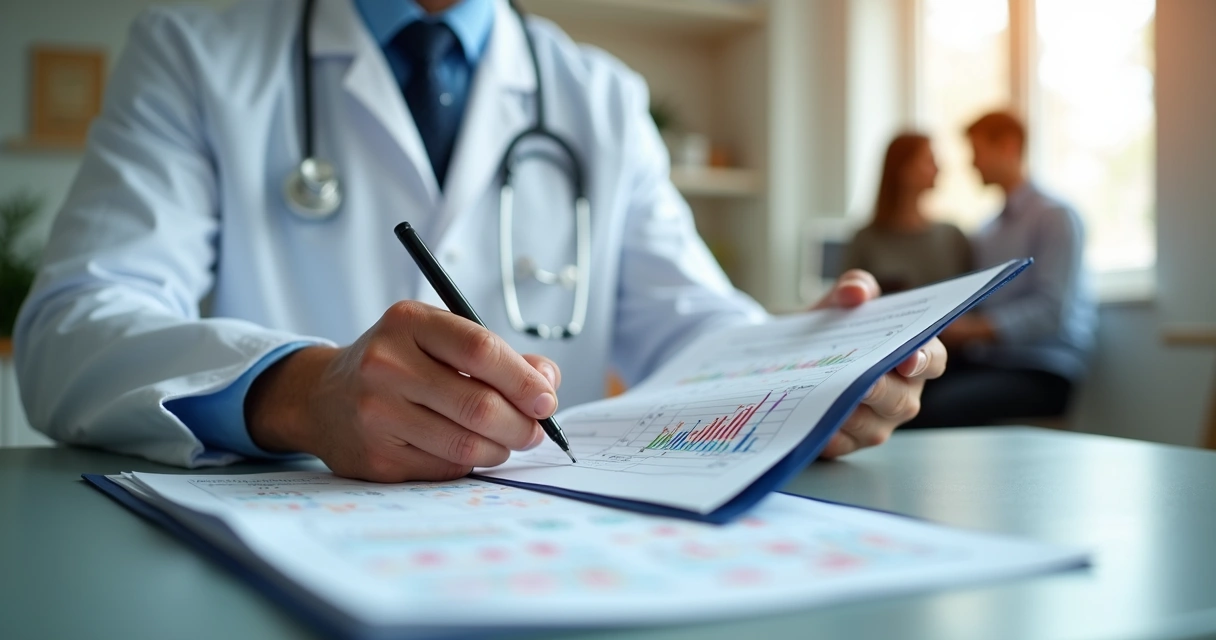 Médico avaliando prontuário e exames médicos