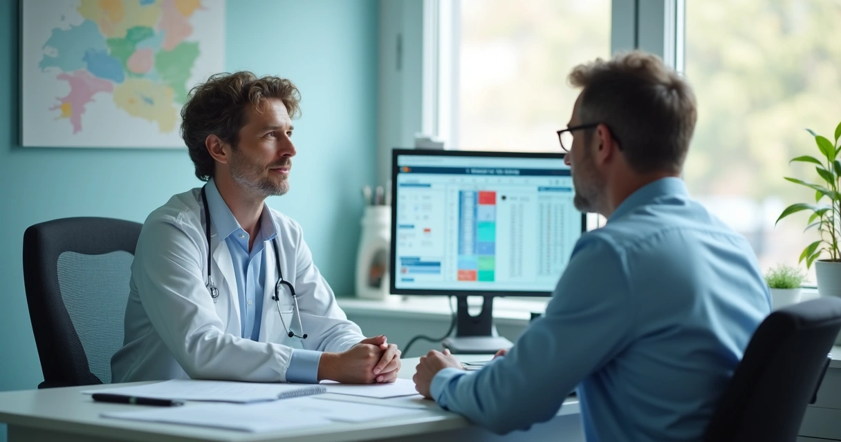 Paciente sentado em consultório médico realizando consulta de acompanhamento com hematologista 