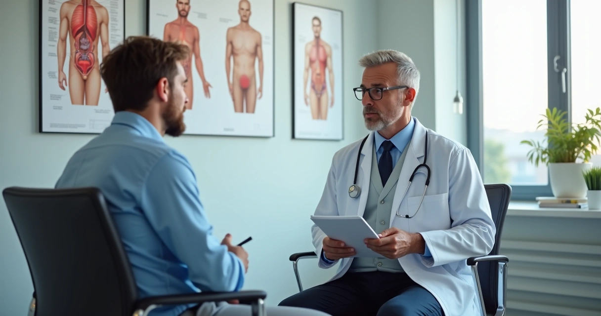 Médico examinando paciente com foco em saúde peniana