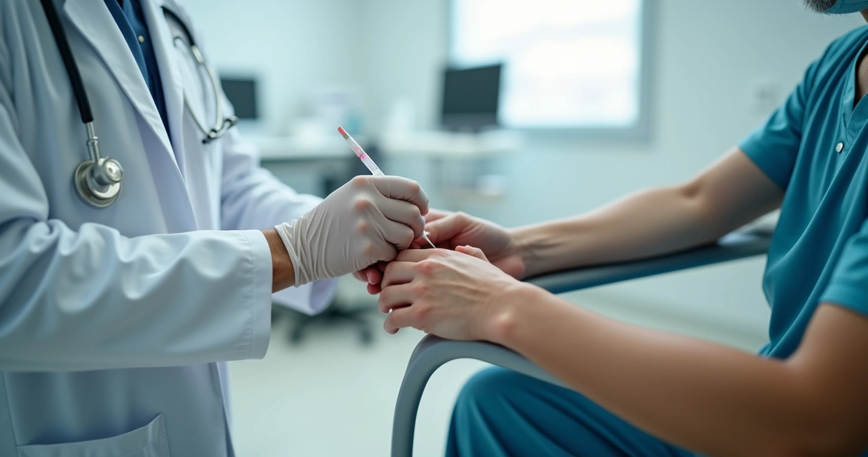 Paciente realizando exame de sangue guiado por médico