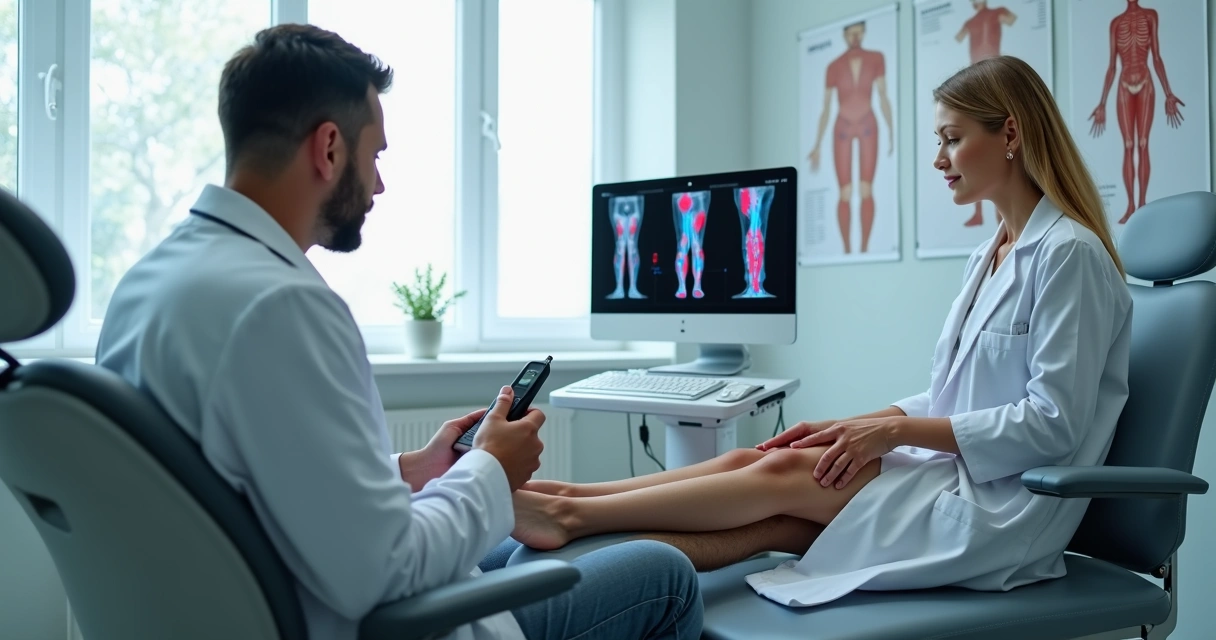 Paciente recebendo exame vascular nas pernas em consultório médico moderno em Recife 