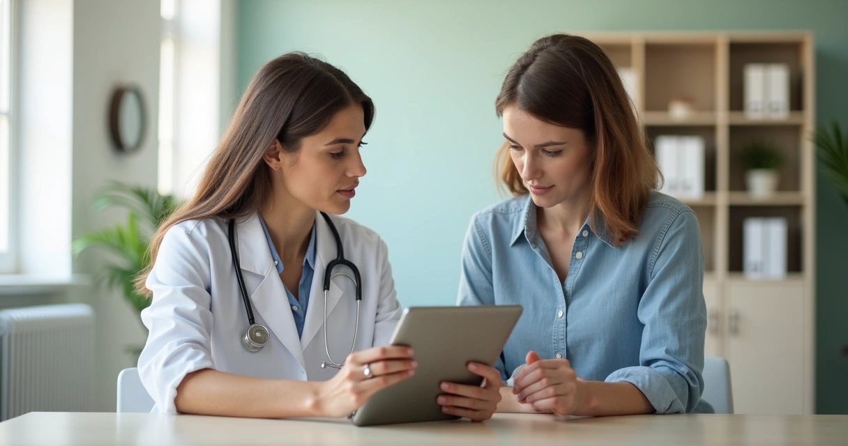 Mulher em consulta médica discutindo exames de rotina 