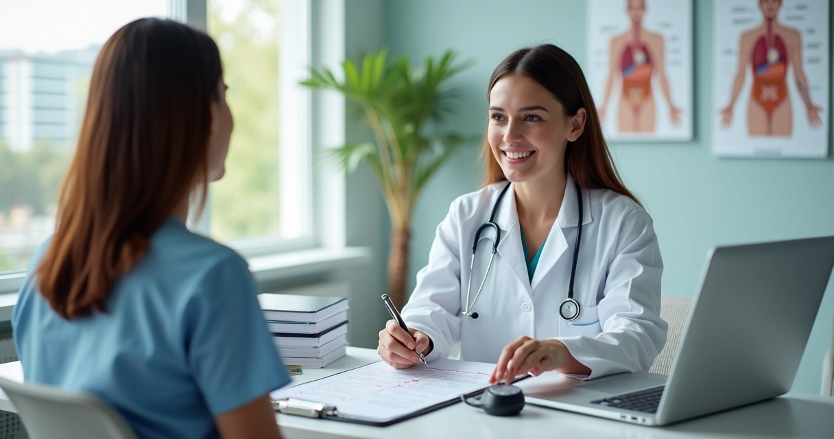 Médica examinando paciente enquanto analisa lista de exames de rotina em consultório luminoso 