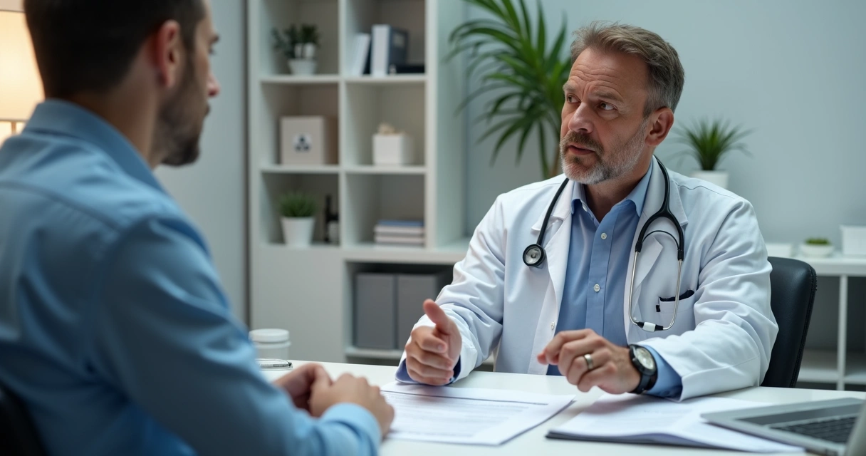 Médico explicando termo de consentimento TCLE a paciente em ambiente de clínica 