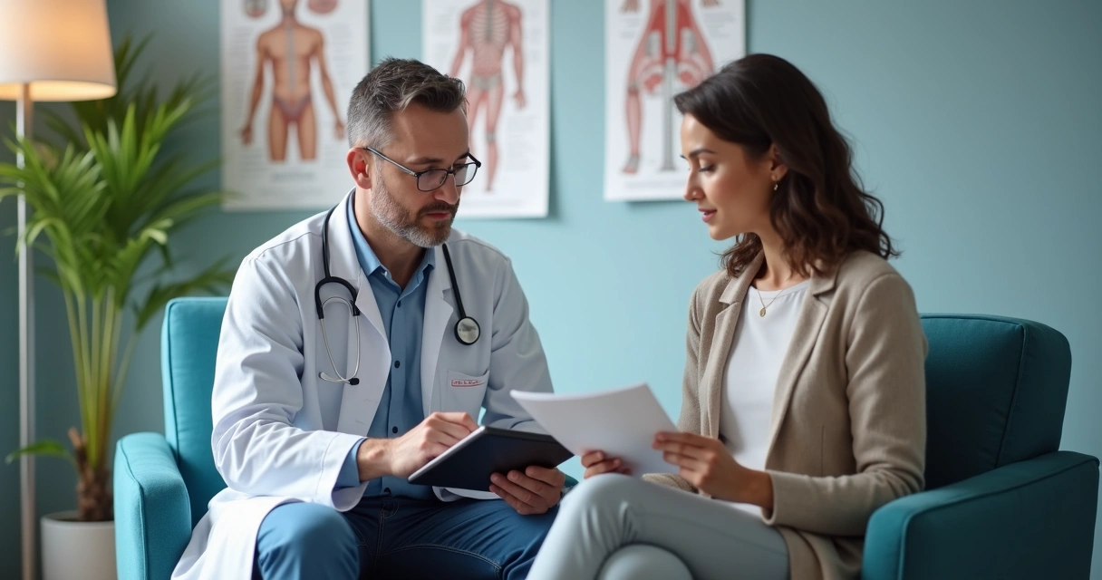 Médico explicando termos de saúde para paciente em consultório 