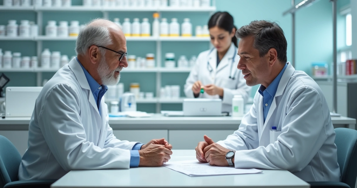 Homem de meia-idade em consulta médica discutindo receitas manipulação 