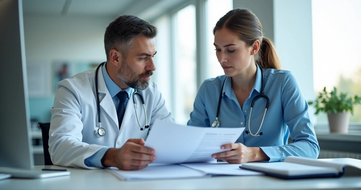 Médico em reunião com contador discutindo impostos da clínica 