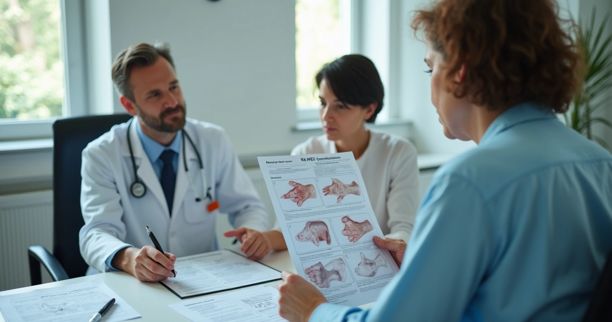 Consulta médica para hanseníase com médico analisando laudos e paciente mostrando lesão 