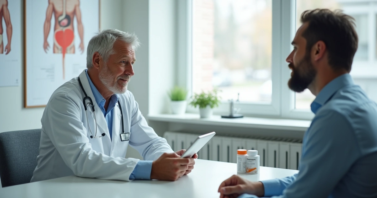 Homem conversando com médico em consultório sobre remédio 