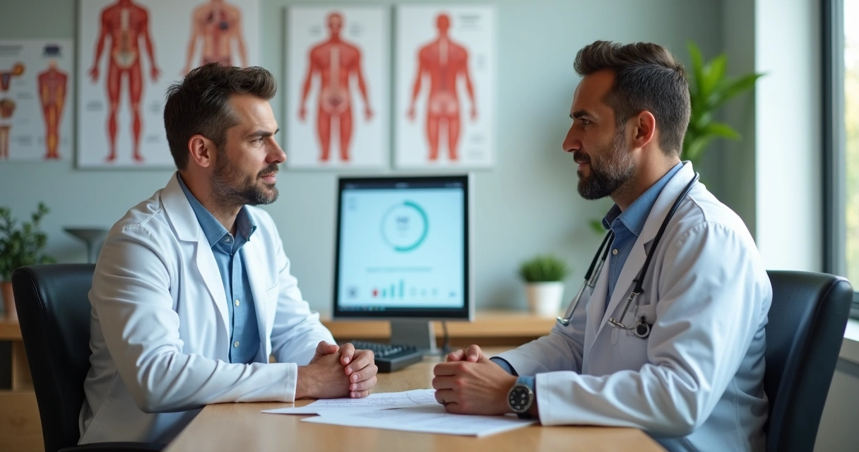Homem conversando com urologista em consultório