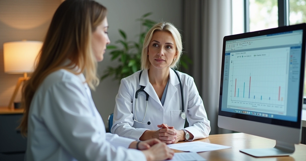 Mulher em consulta médica para tratamento hormonal em consultório moderno