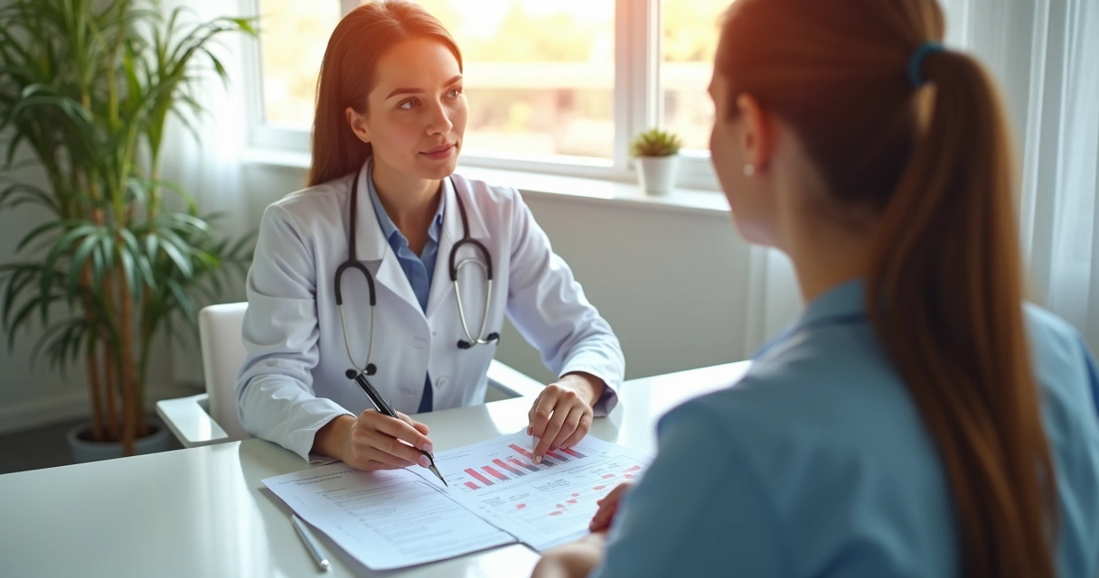 Profissional de saúde e paciente conversando em consultório, com exames laboratoriais e gráficos de hormônios na mesa.