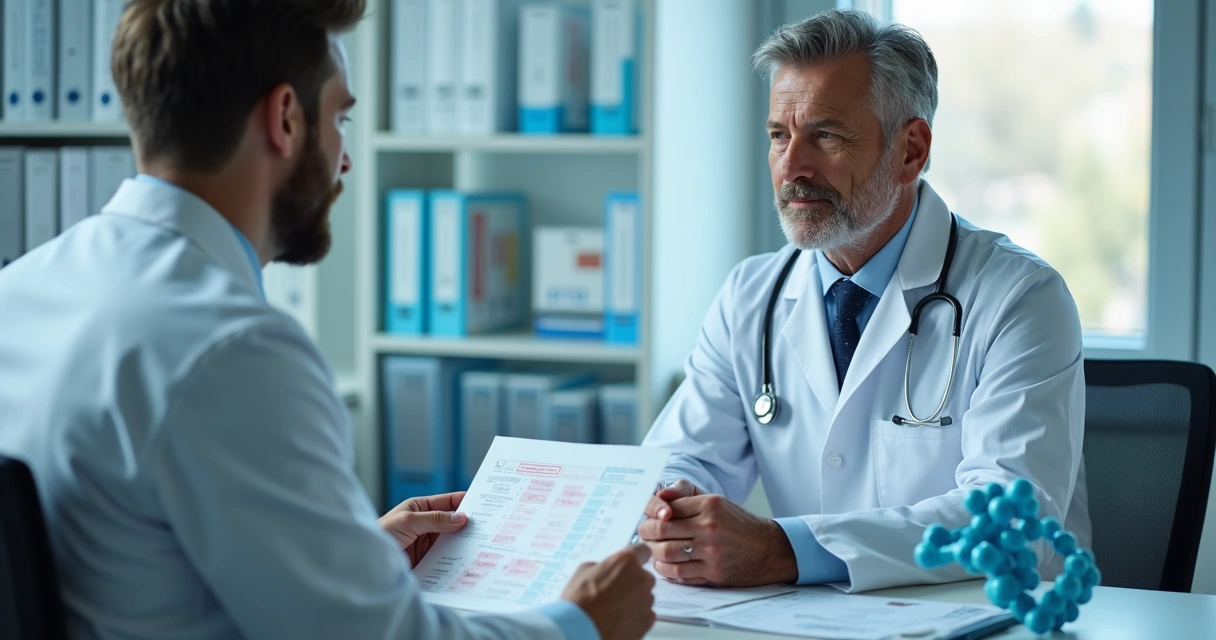 Consulta médica entre homem e médico discutindo exames hormonais 