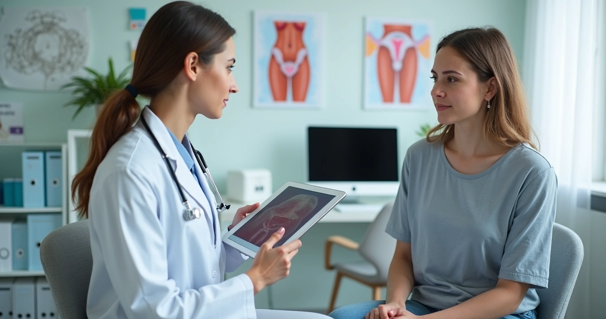 Médica conversando com paciente em consultório sobre sintomas de HPV 