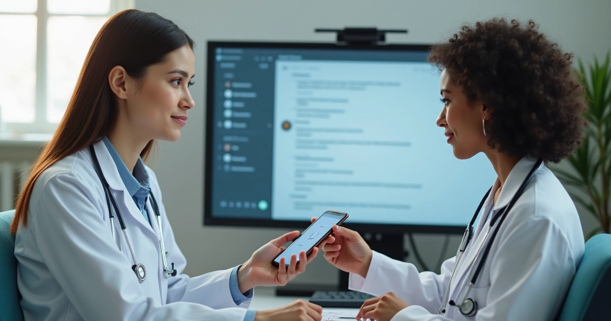 Médico usando assistente de voz em consulta médica 