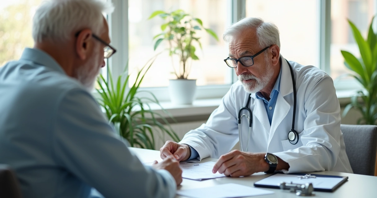 Médico atencioso conversando com idoso durante consulta