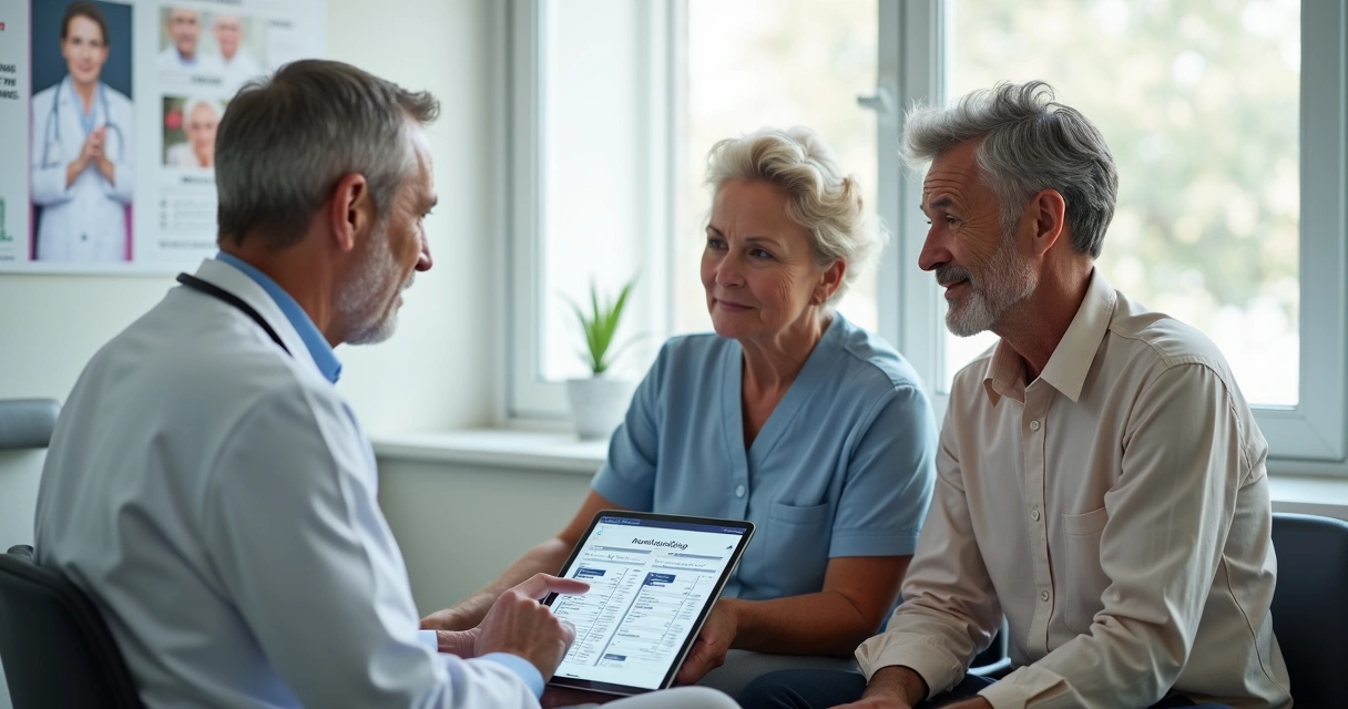 Médico explicando exames a casal acima dos 44 anos em consultório