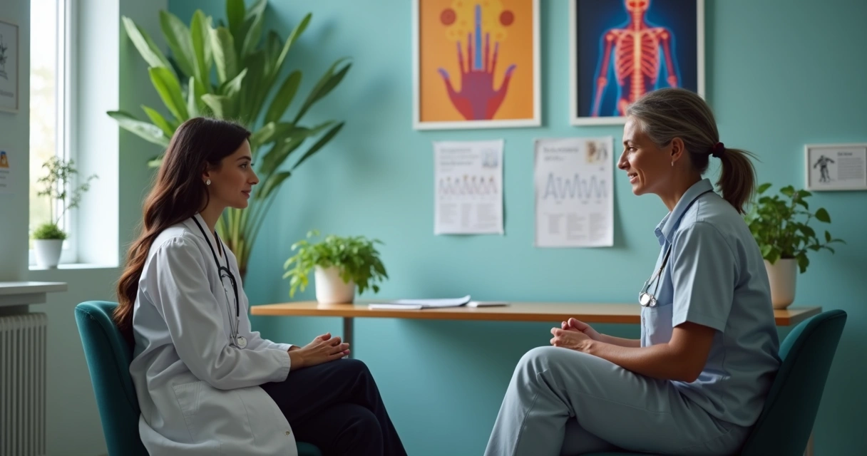 Médica oncologista conversando com paciente em consultório