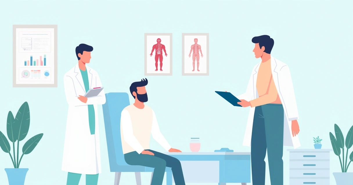 Consulta médica em um consultório tranquilo com um homem preocupado conversando com o médico.