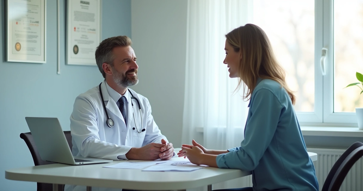 Consulta médica entre paciente e infectologista, ambos sentados frente a frente em consultório iluminado, olhando exames.