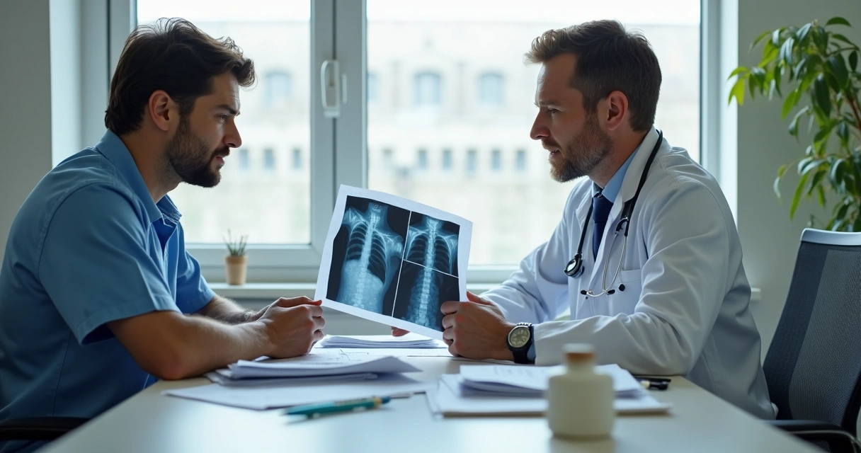 Médico analisando documentos com paciente em consultório 