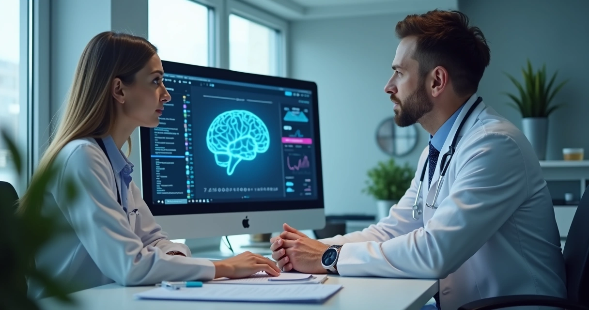 Médico interagindo com paciente e tecnologia de IA na tela 