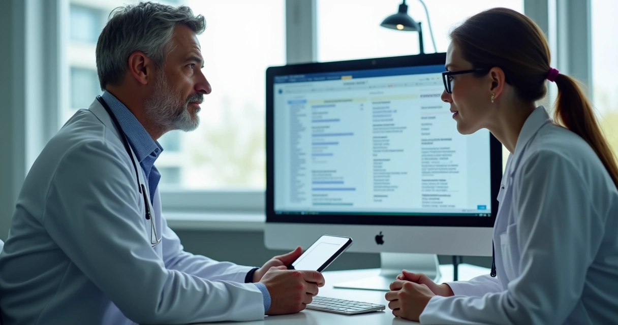 Médico usando tablet para registrar dados enquanto conversa com paciente em consultório moderno 