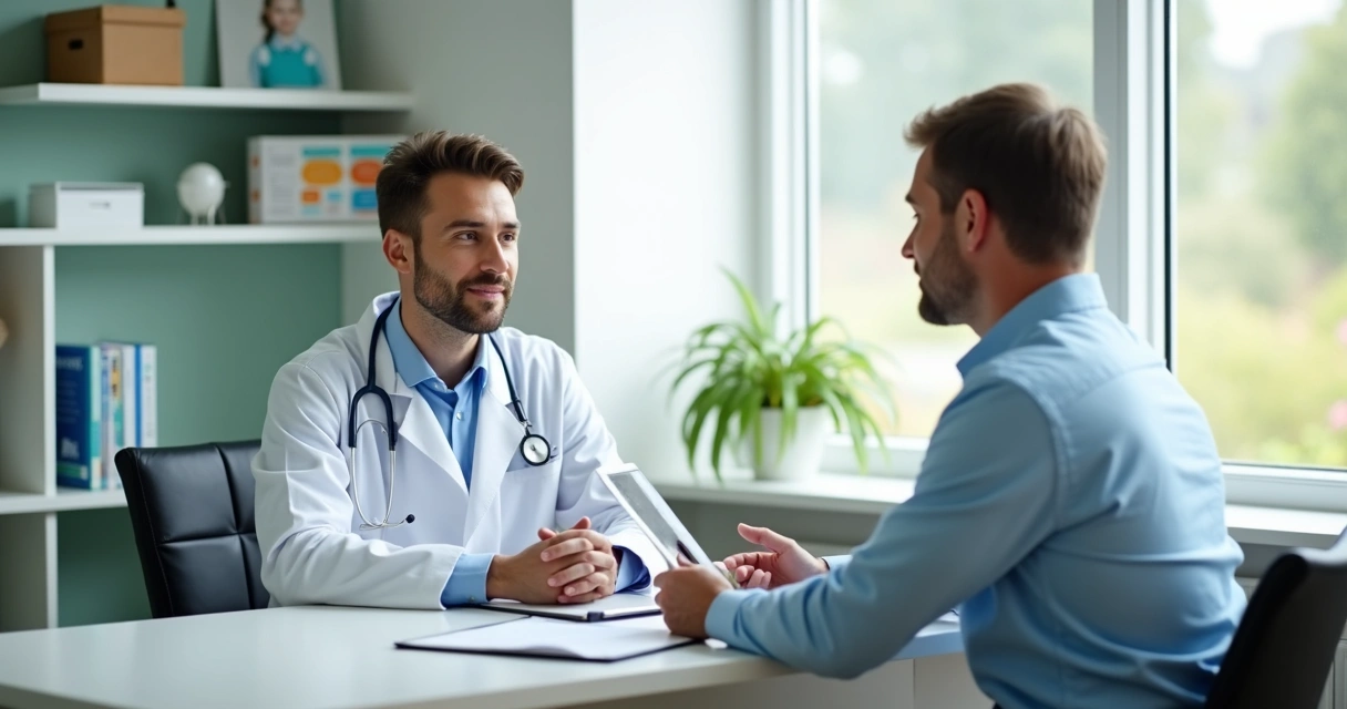 Pessoa conversando com médico sobre interrupção da PrEP na clínica