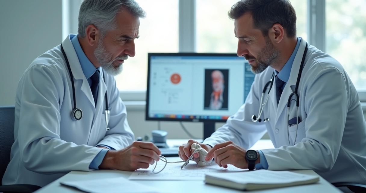 Dois médicos em mesa discutindo exame com prótese sobre o tampo 